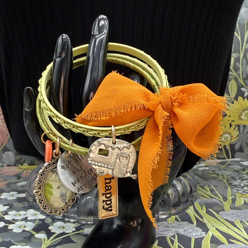 ⭐️Adorned Crown Jewelry assemblage three band green bangle happy camper bracelet